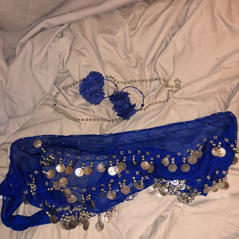 bundle Blue and silver hip scarf, necklace, earring set